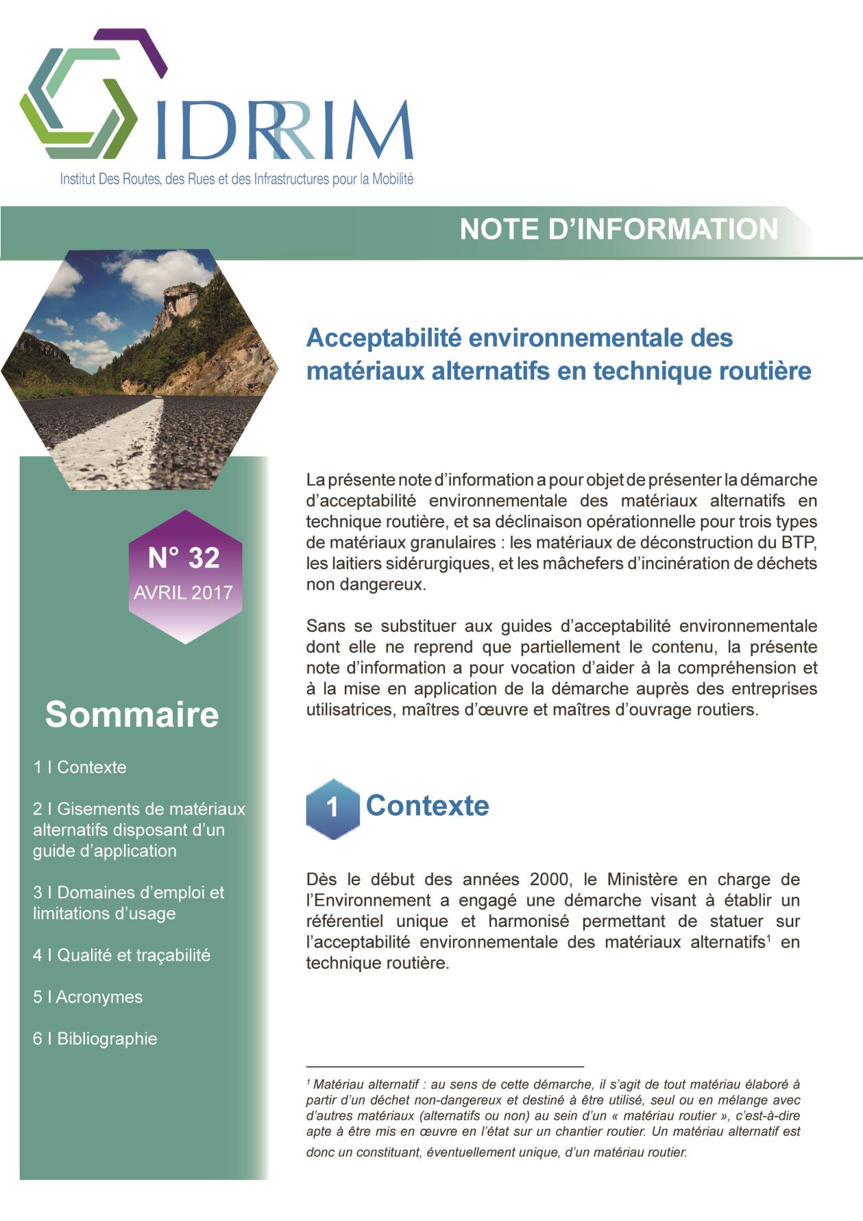 Acceptabilité environnementale des matériaux alternatifs en technique routière - Note de l'IDRRIM n°32
