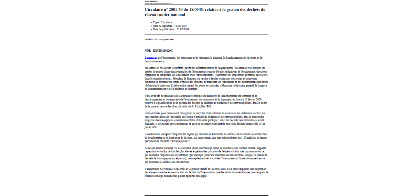 Circulaire 2001-39 du 18/06/01 relative à la gestion des déchets du réseau routier